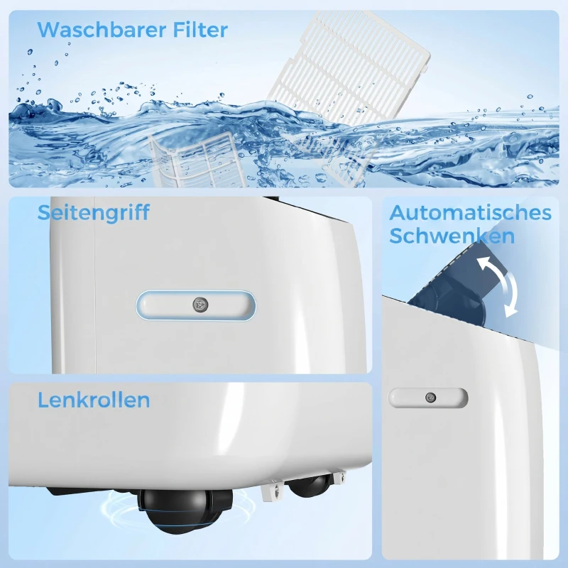 HOMCOM Mobiles Klimagerät 12.000 BTU mit Inverter-Technologie, Klimaanlage mit 60° Schwenkfunktion, 24H-Timer, Fernbedienung