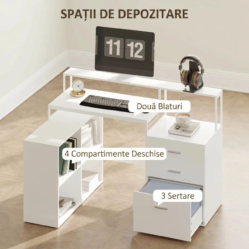 HOMCOM Birou de birou cu 2 mese, 4 rafturi, 3 sertare și suport pentru monitor, din lemn, 138,5x90x92 cm, alb(m-5)