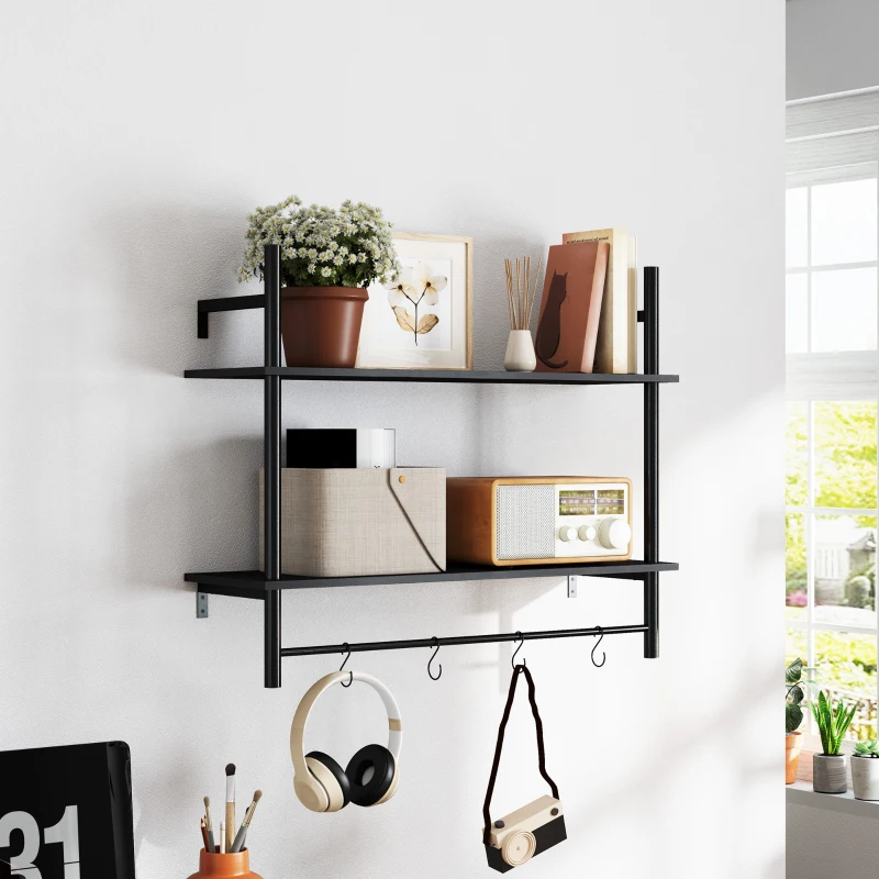 HOMCOM Estante de Pared de 2 Niveles Estante Flotante con 4 Ganchos 2 Estantes y Marco de Acero 80x24x65 cm Negro