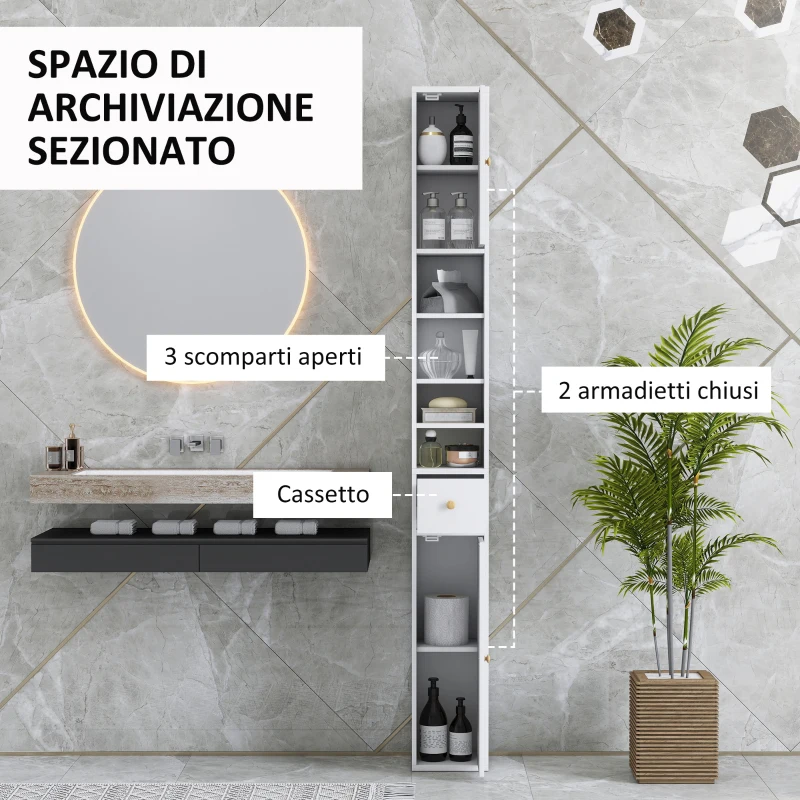 HOMCOM Colonna Bagno Salvaspazio con 2 Armadietti, 3 Ripiani Aperti e Cassetto, in Legno, 20x20x178 cm, Bianco
