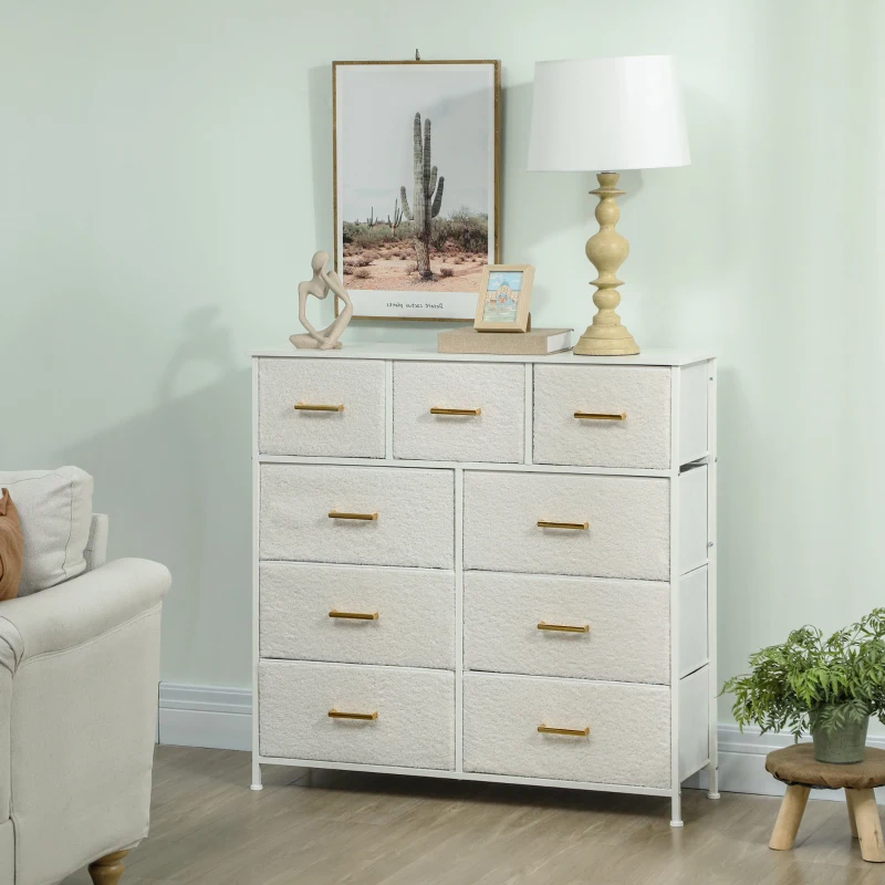 HOMCOM Chest of Drawers with 9 Fabric Drawers, Boucle Storage Organiser with Steel Frame, Fabric Dresser for Bedroom, Living Room, Hallway, Cream White