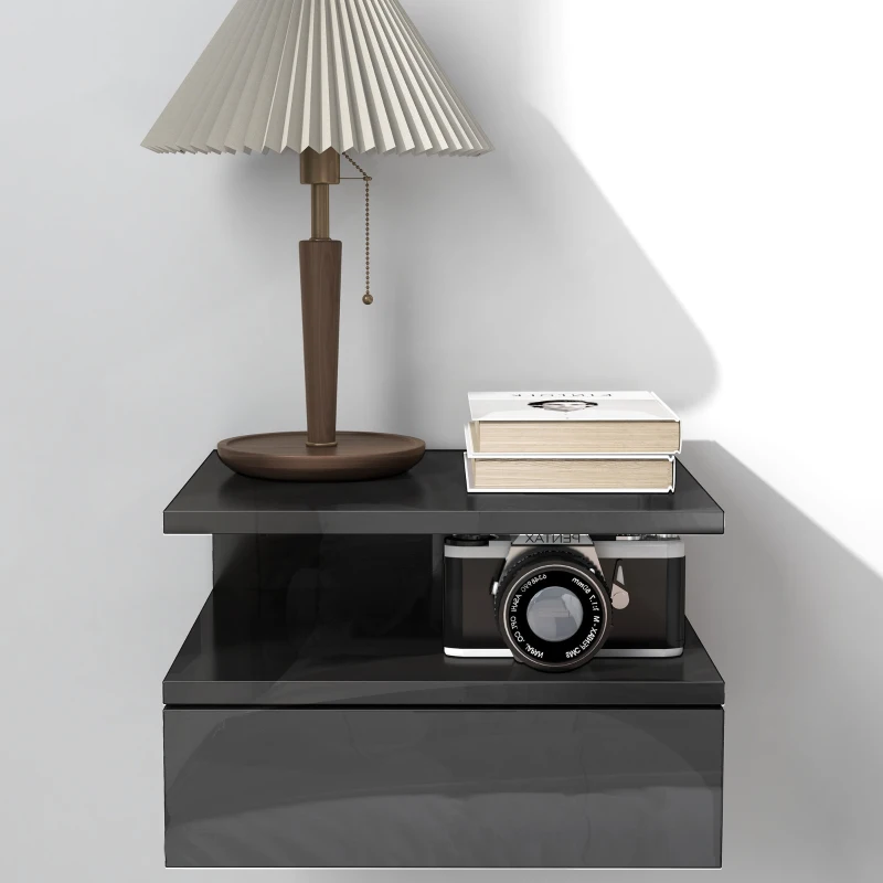 HOMCOM 2 Mesitas de Noche Flotantes con 1 Cajón y Estante Abierto Diseño Moderno 35x32x22,5 cm Negro Brillo