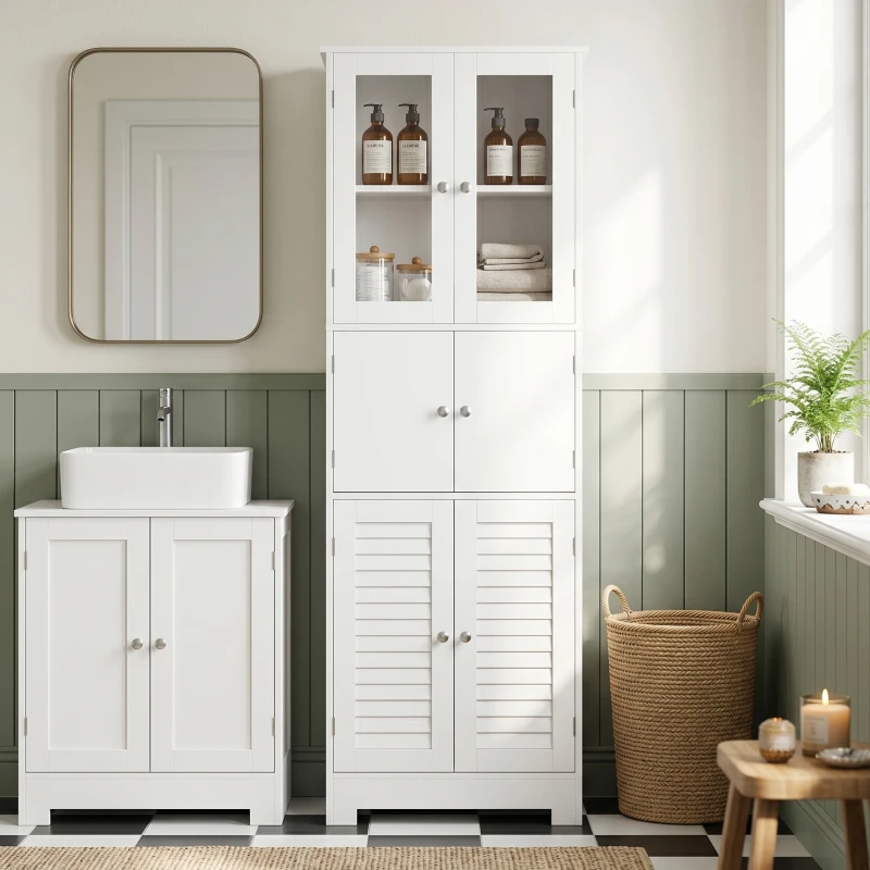 HOMCOM Meuble de salle de bain haut, meuble de rangement avec 6 portes dont 2 vitrées et 2 persiennes, étagère réglable, blanc