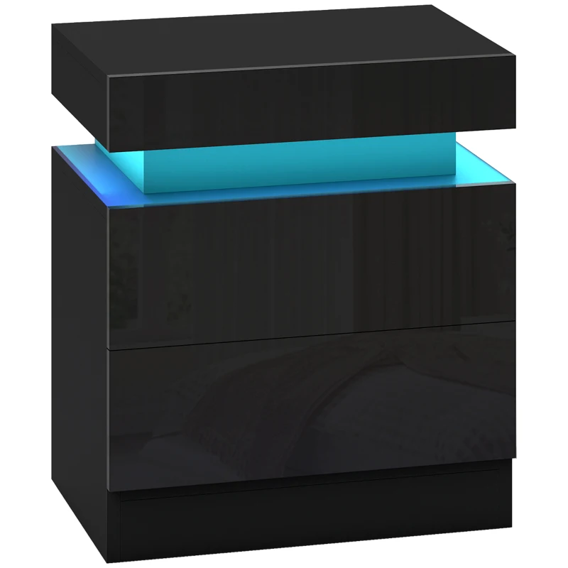 HOMCOM Table de chevet table de nuit lumière LED RVB panneau haute brillance avec 2 tiroirs pour salon chambre à coucher noir
