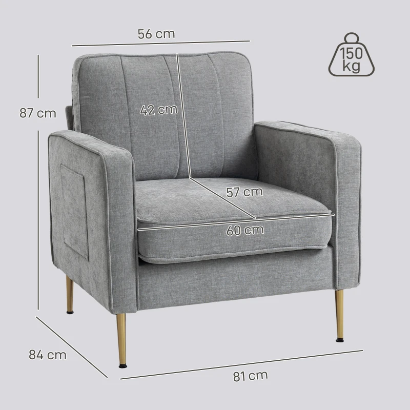 HOMCOM Fauteuil en tissu avec pieds en acier doré, grand confort, pochettes latérales, pour salon, bureau, chambre, gris
