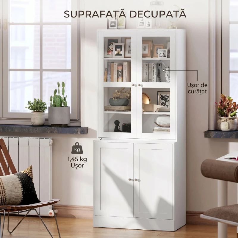 HOMCOM Mobilier de Bibliotecă cu 2 Dulapuri, Rafturi Regulabile și Uși din Sticlă, 76x40x178.5 cm, Alb