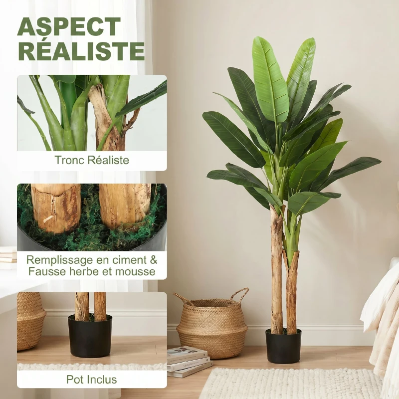 HOMCOM Lot de 2 plantes artificielles intérieurs 150 cm bananiers en pot décoration pour maison, bureau, salon, chambre