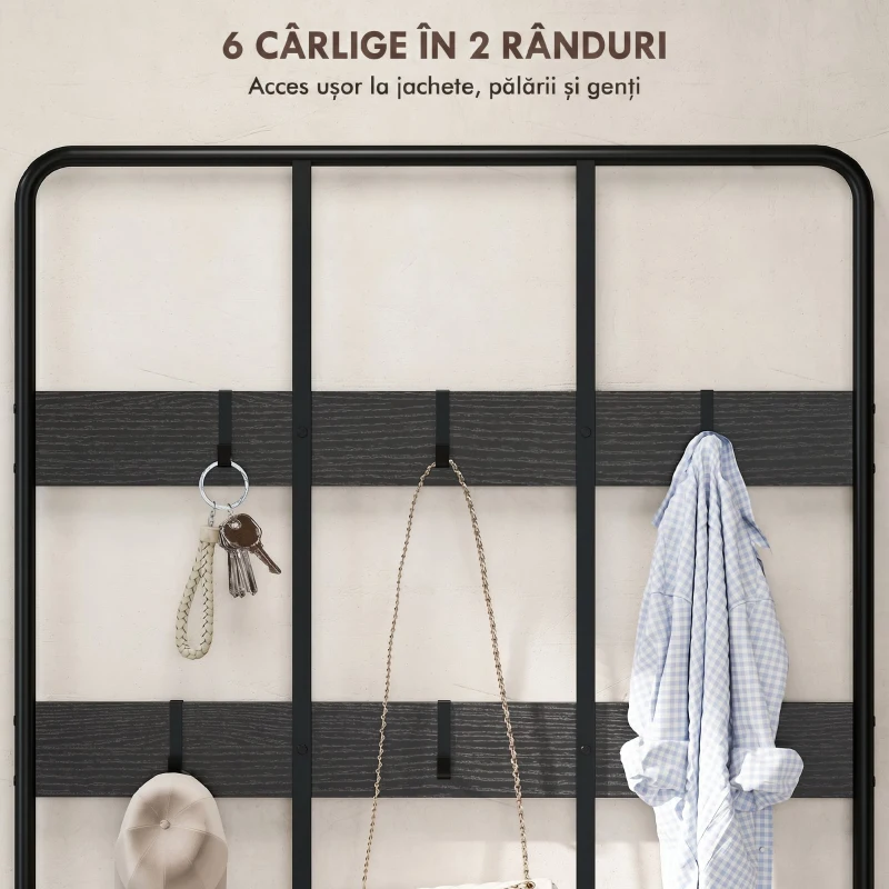 HOMCOM Cuier de Intrare 3 în 1 cu 6 Cârlige și Bancă cu Raft pentru Pantofi, 91x36x180 cm, Negru