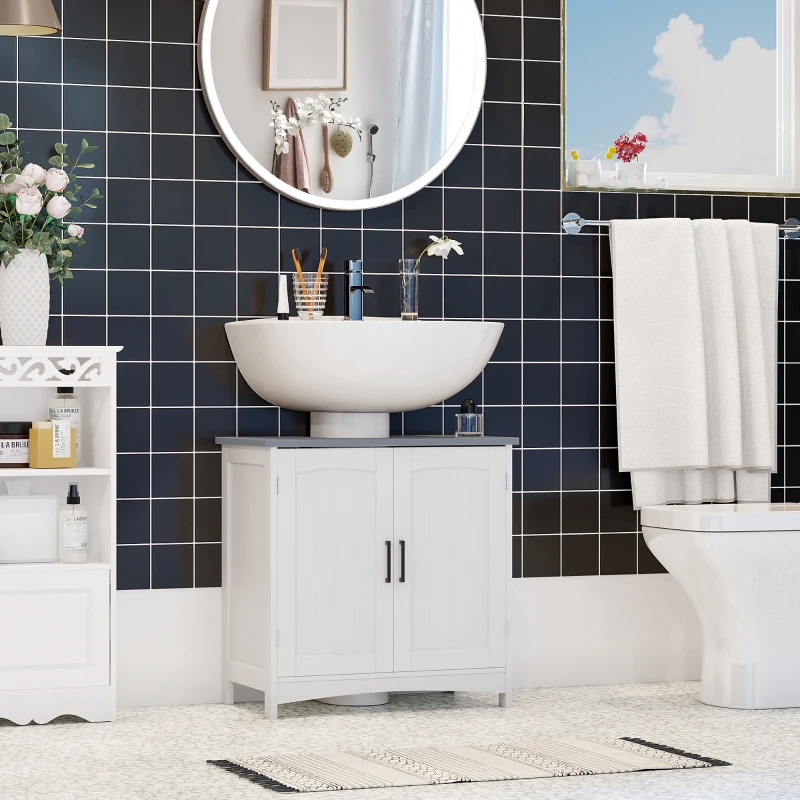kleankin Pedestal Under Sink Cabinet with Double Doors, Modern Bathroom Vanity Unit, Storage Cupboard with Adjustable Shelves, White