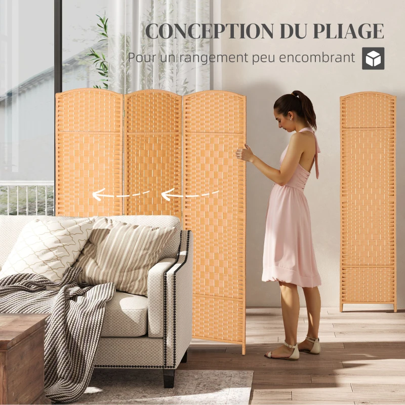 HOMCOM Paravent intérieur en bois 3 panneaux séparateur de pièce pliable pour salon chambre 135 x 180 cm brun clair