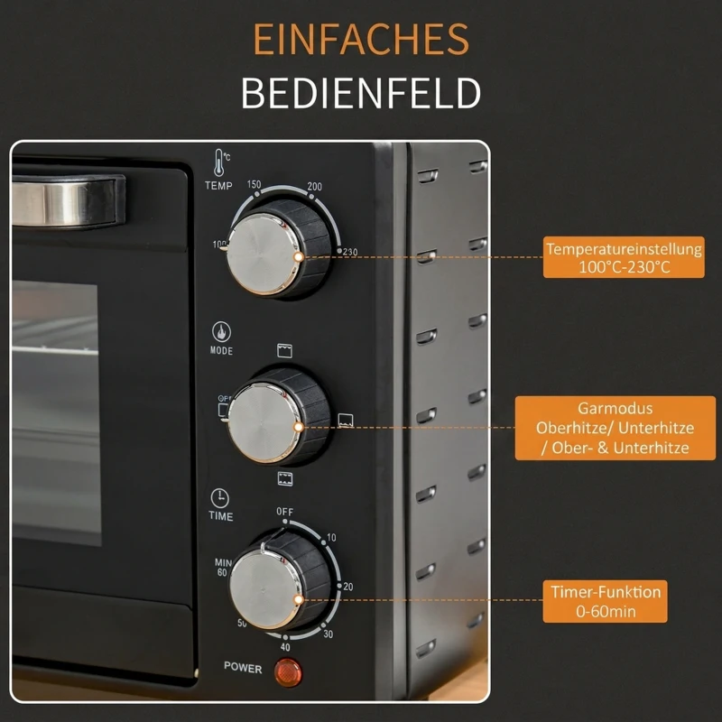 HOMCOM Minibackofen, 21 L Toasterofen mit 1 Drahtgestell und 1 Backblech, 3 Kochmodi, 100 °C-230 °C, Edelstahl, Glas, Schwarz