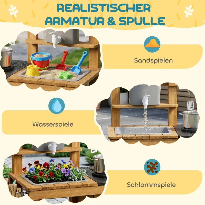 AIYAPLAY Matschküche Kinder Outdoor Spielküche aus Holz mit Wasserhahn Spüle Pflanzkasten Rädern Stauraum für 3-6 Jahre Braun