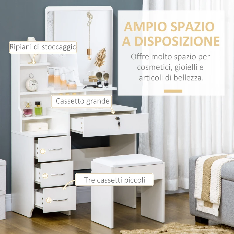 HOMCOM Toeletta da Trucco con Specchio, Tavolo da Trucco, Sgabello, 4 Cassetti e 4 Ripiani, Bianco
