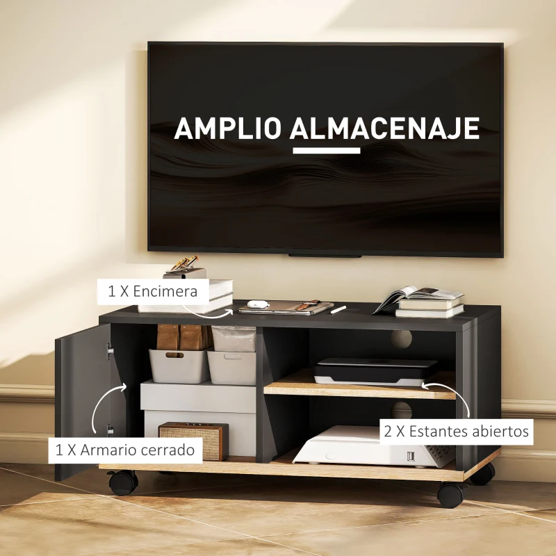 HOMCOM Mueble TV con Ruedas Mueble de Salón Mesa para Televisores de 32 Pulgadas con Puerta y 2 Estantes 80x45x41 cm Negro
