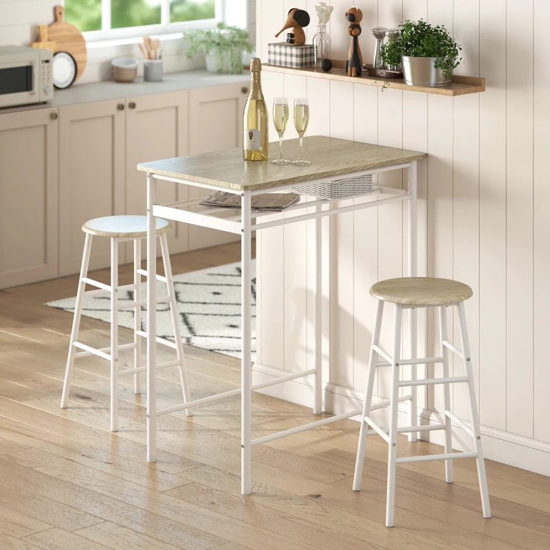 HOMCOM Ensemble table de bar avec tabourets, table à manger debout avec 2 chaises, étagère et pieds en métal, 80x50x90cm, blanc