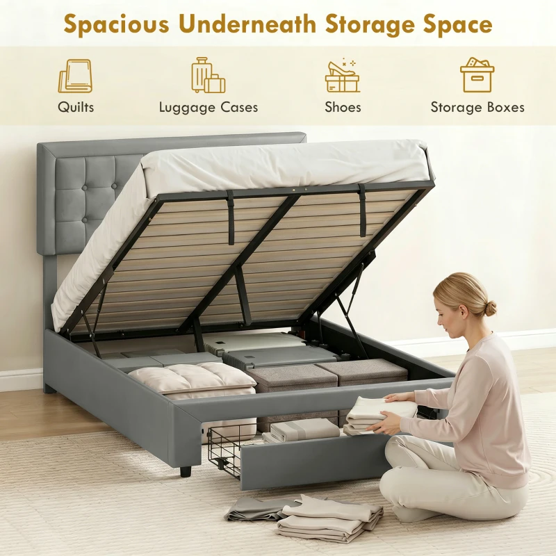 HOMCOM PU Leather King Size Ottoman Bed Frame, with Front Drawer - Grey