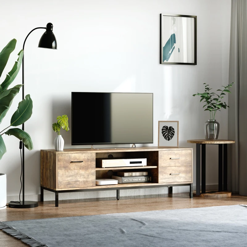 HOMCOM Meuble TV banc TV jusqu'à 50 pouces placard, 2 tiroirs et étagère - 2 passe-câbles - 132 x 39 x 45,5 cm marron noir