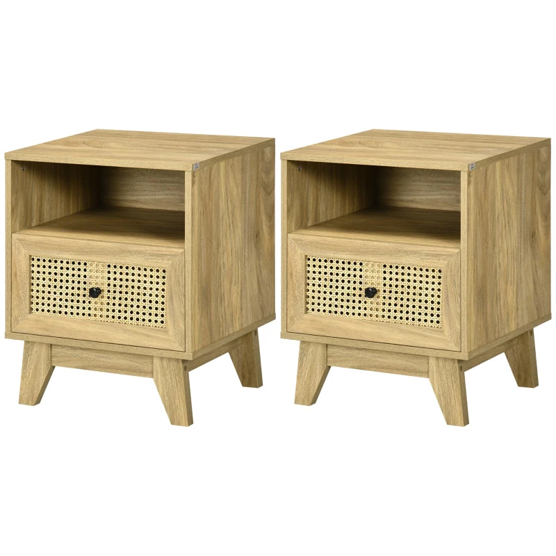 HOMCOM Lot de 2 tables de chevet  table de nuit avec tiroir porte cannage et niche vintage 45 x 39 x 56,5 cm