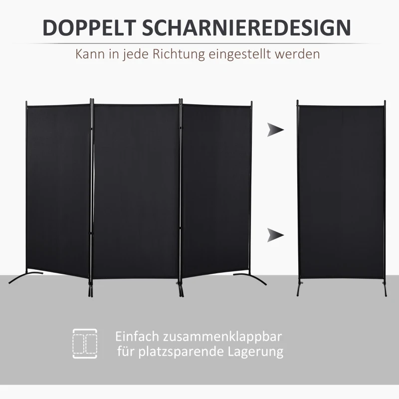 HOMCOM Kamerscherm, 3-delig zichtscherm, ruimteverdeler met metalen frame, zwart
