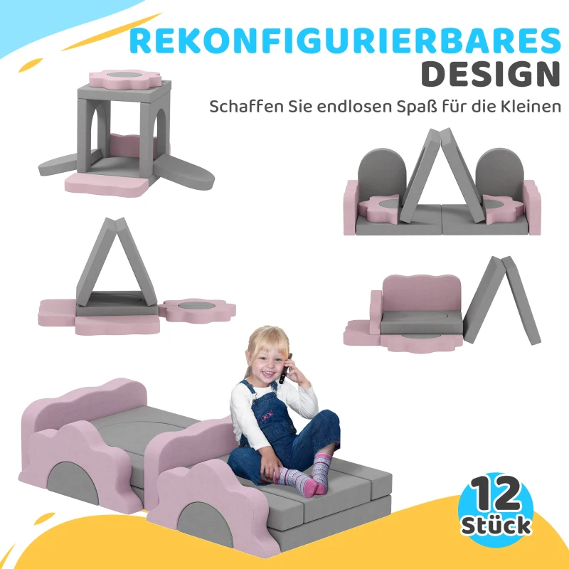 AIYAPLAY 12-delig Set Schuimblokken om te Klimmen, Bouwen, Kruipen, Binnen Speelmatten met Cord Bekleding, Grijs+Roze