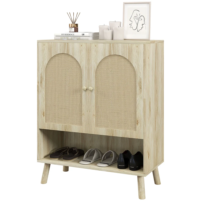 HOMCOM Dulap Multifuncțional în Stil Boho cu Uși din Ratan și Raft Deschis, 80x38x100cm, Stejar