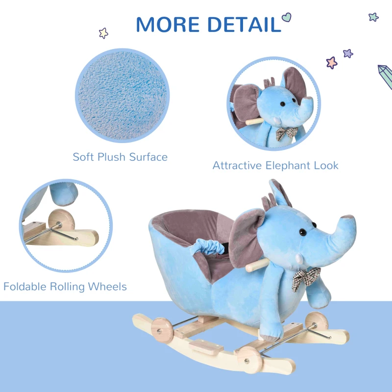 HOMCOM 2 In 1 Plush Baby Ride on Rocking Horse Elephant Rocker with Wheels Wooden Toy for Kids 32 Songs for 18+ Months (Blue)