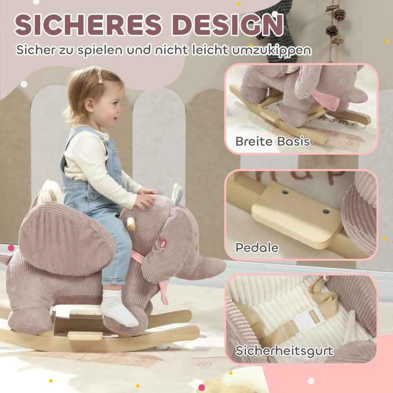 AIYAPLAY Schaukeltier, Elefant-Schaukel, interaktive Tiergeräusche, Holzrahmen, für Kinder 1,5-3 Jahre, 65 x 32 x 49 cm, Braun