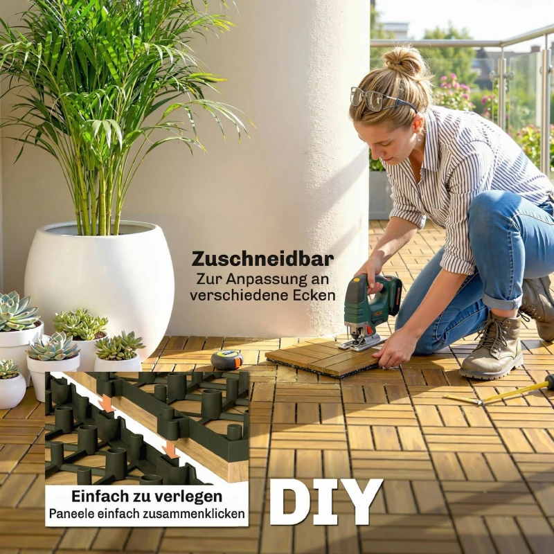 Outsunny Terrassenfliesen 31x31cm 10 Stück / 0,91m² Klickfliesen aus Akazienholz mit Klicksystem für Terrasse Balkon Naturholz