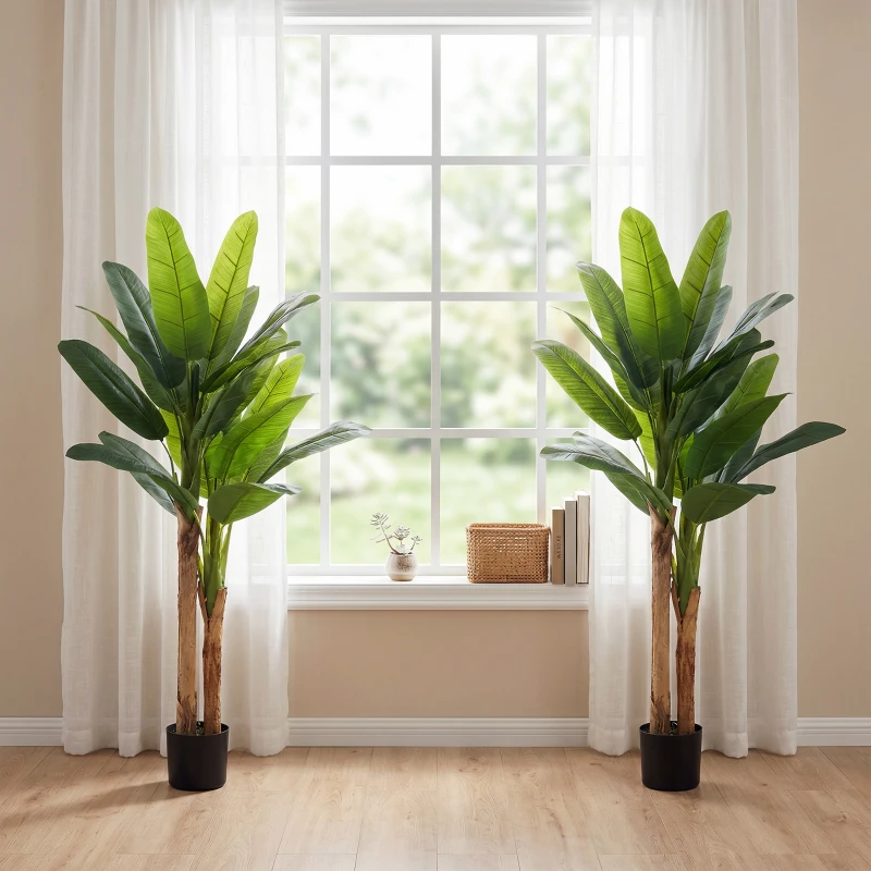 HOMCOM Lot de 2 plantes artificielles intérieurs 150 cm bananiers en pot décoration pour maison, bureau, salon, chambre