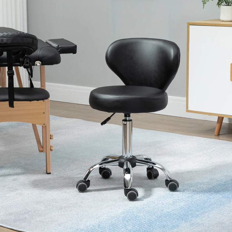 HOMCOM Tabouret à roulettes, tabouret de massage en PU avec hauteur réglable 73-88cm et dossier, chaise de travail pivotant 360°, cadre en acier, pour salon de massage, tatouage, clinique, spa, noir