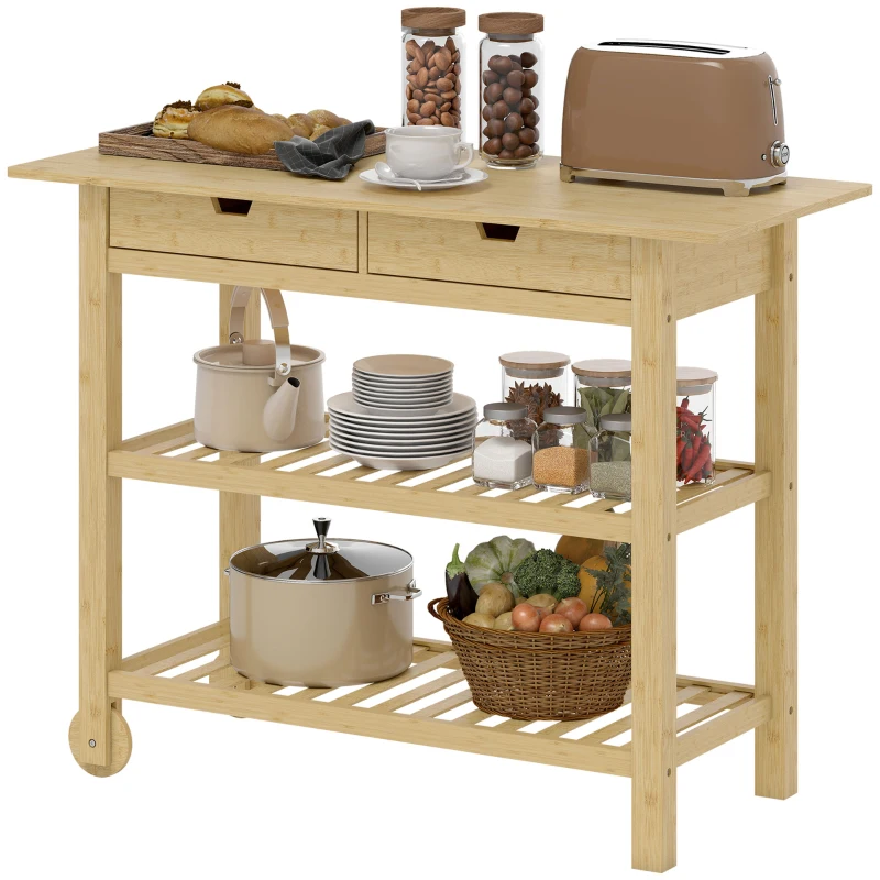 HOMCOM Carrello Cucina in Legno di Bambù con 2 Cassetti, 2 Ripiani a Doghe e 2 Rotelle, 100x43x75 cm, Legno