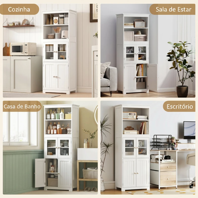 HOMCOM Armário de Cozinha com 2 Portas de Vidro Temperado 2 Prateleiras Abertas e Armário com Prateleira Ajustável 60x30x162 cm Branco
