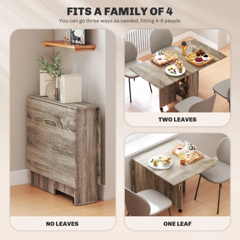 HOMCOM 80-140 cm Folding Dining Table for 4-6 People, Drop Leaf Table with 2-Tier Shelves, Rolling Casters, for Small Spaces, Kitchen, Flat, Dining Room, Grey