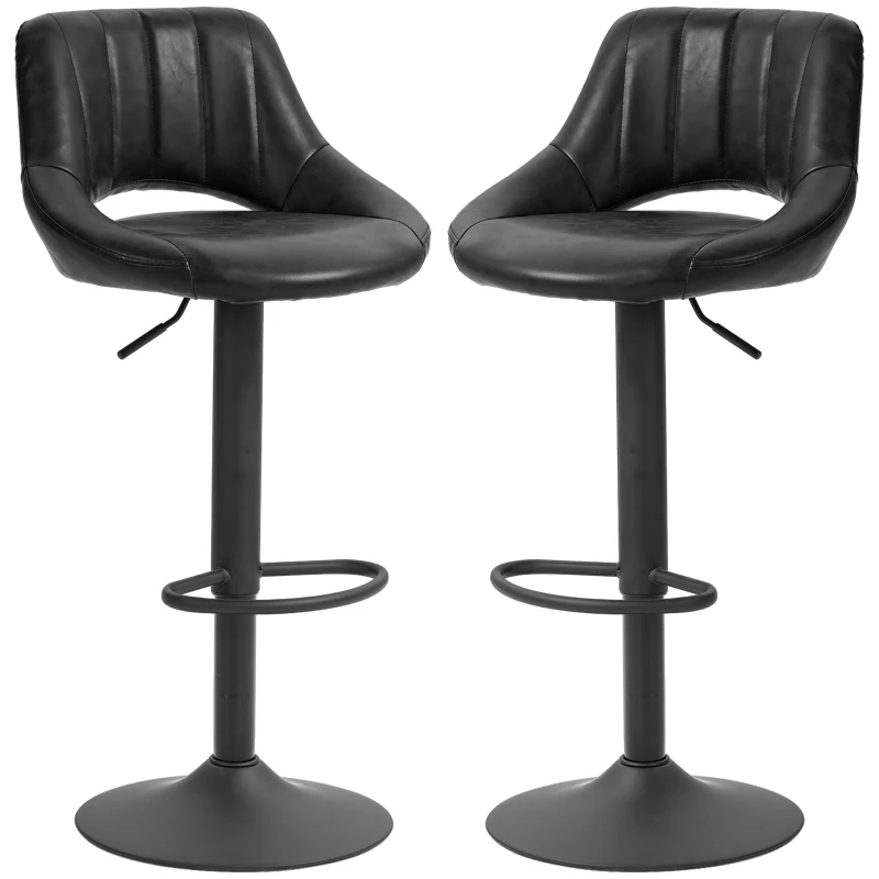 Set HOMCOM de 2 Scaune de Bar cu Înălțime Ajustabilă, Suport pentru Picioare și Șezut Rotativ din Piele Artificială, Negru(m-12)