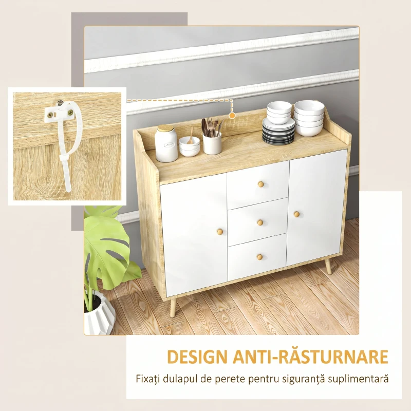 HOMCOM Bufet Modern din PAL si Lemn de di Pin cu 3 Sertare si 2 Dulapioare cu 2 Niveluri, 90x32x80 cm, Alb si Lemn Natur