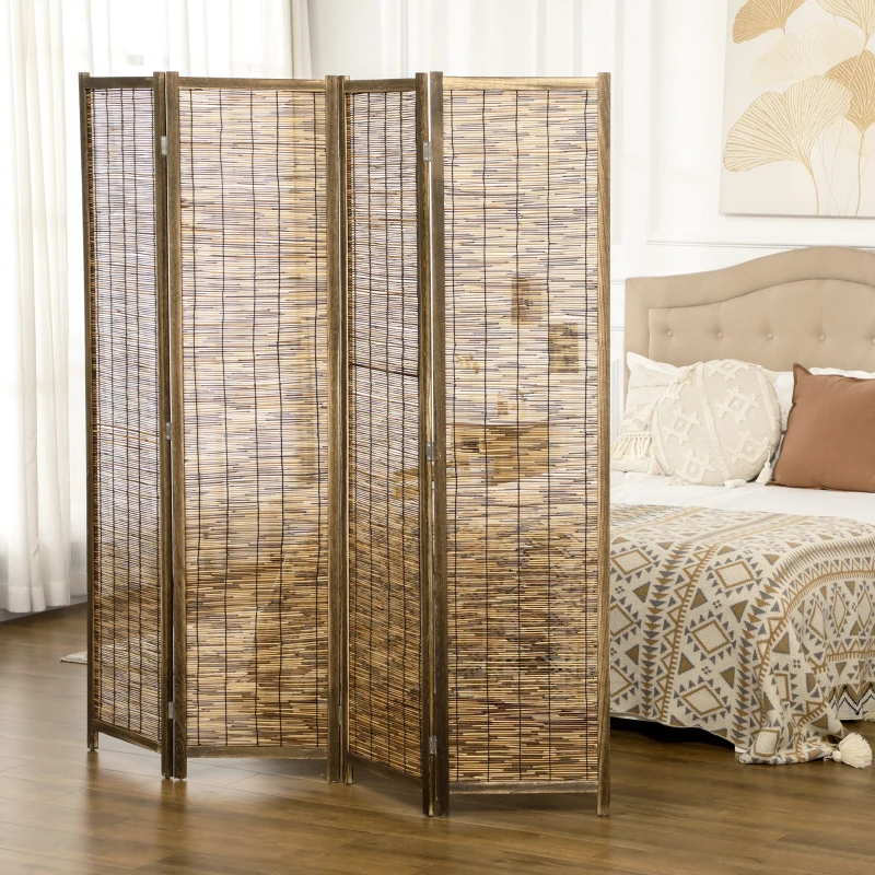 HOMCOM Biombo de 4 Painéis Separador de Ambientes Dobrável 160x1,8x170 cm Divisor de Ambientes de Madeira e Caniço Madeira