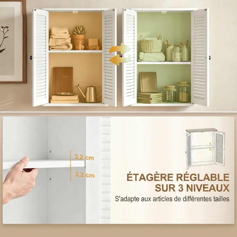 HOMCOM Armoire murale de salle de bain, meuble de rangement suspendu avec 2 portes persiennes et étagère réglable, blanc
