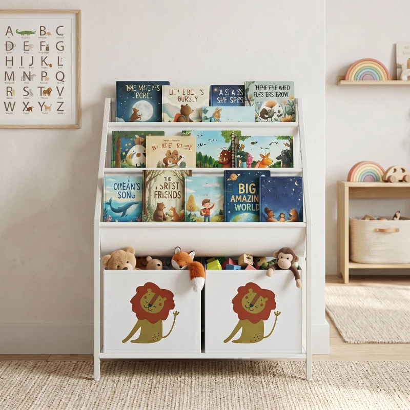 AIYAPLAY Bücherregal für Kinder Kinderregal mit 2 offenen Fächer 3 Hängeregale 60 x 30 x 76 cm Weiß