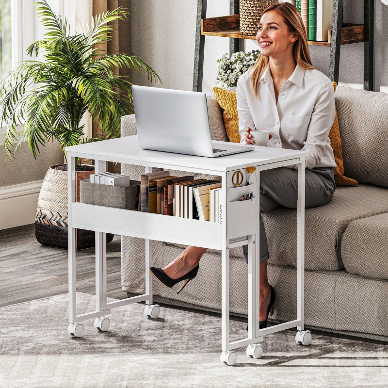 HOMCOM Escritorio Plegable con Ruedas Balda y Bolsillo de Almacenaje Ideal para Espacios Pequeños 80x50x75 cm Blanco