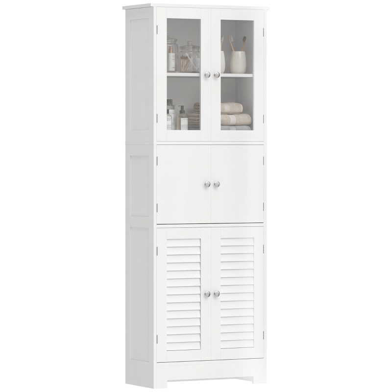 HOMCOM Meuble de salle de bain haut, meuble de rangement avec 6 portes dont 2 vitrées et 2 persiennes, étagère réglable, blanc