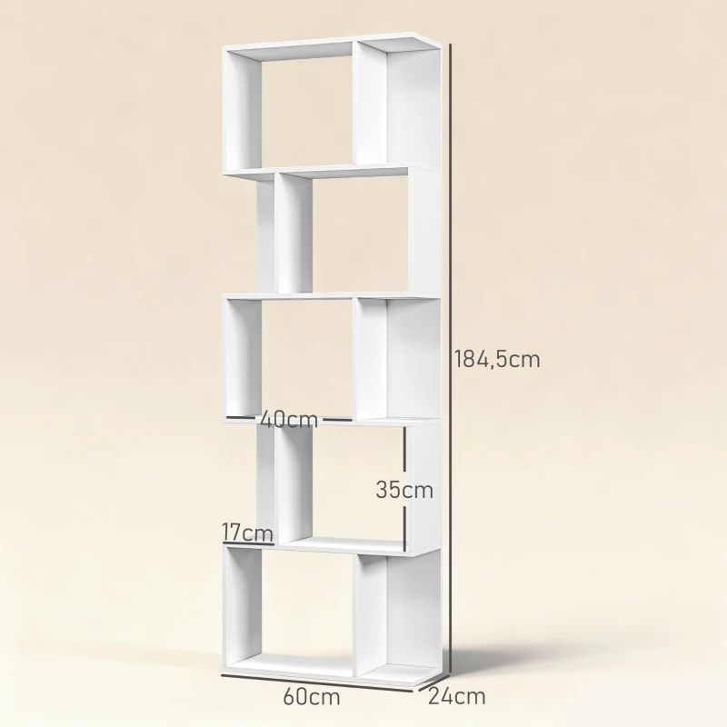 HOMCOM Estantería Librería de 5 Niveles en Forma de S con 10 Estantes para Dormitorio Estudio Oficina 60x24x184,5 cm Blanco