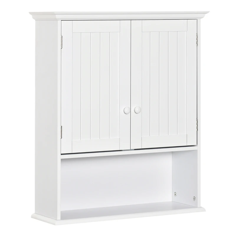 kleankin Armario Baño de Pared con 2 Puertas Estante Interior Ajustable y Compartimento Abierto Mueble Auxiliar Suspendido Multiusos para Cocina 60x20x70,5 cm Blanco