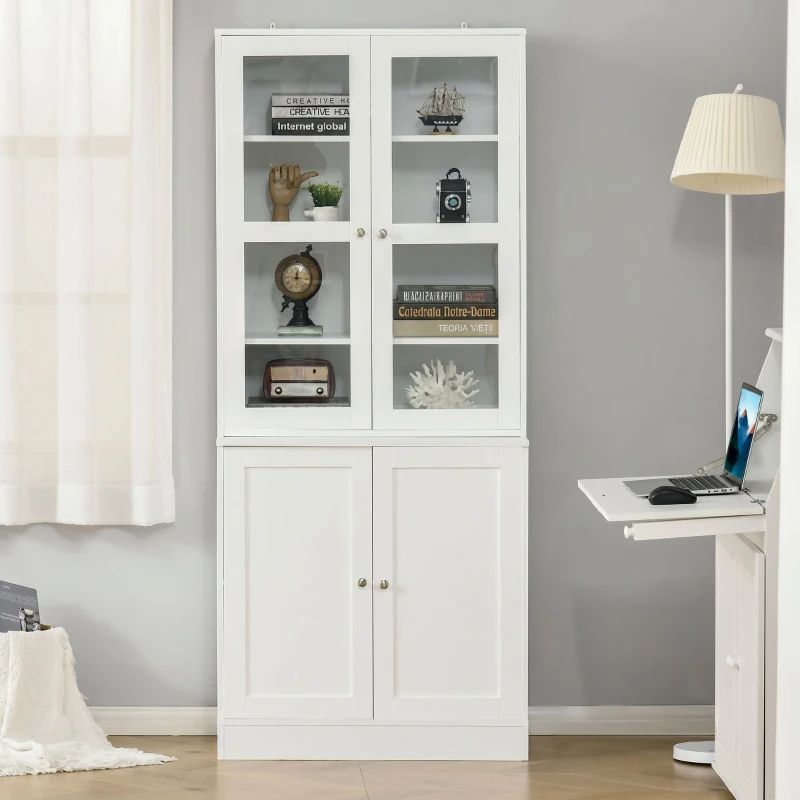 HOMCOM Mobilier de Bibliotecă cu 2 Dulapuri, Rafturi Regulabile și Uși din Sticlă, 76x40x178.5 cm, Alb