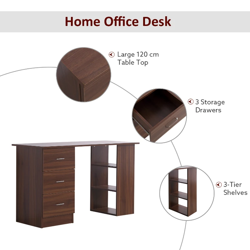 HOMCOM Computer Desk with Drawers, Home Office Desk, Writing Table, PC Workstation with 3 Storage Shelves for Working, Study, 120 x 49 x 72 cm, Walnut