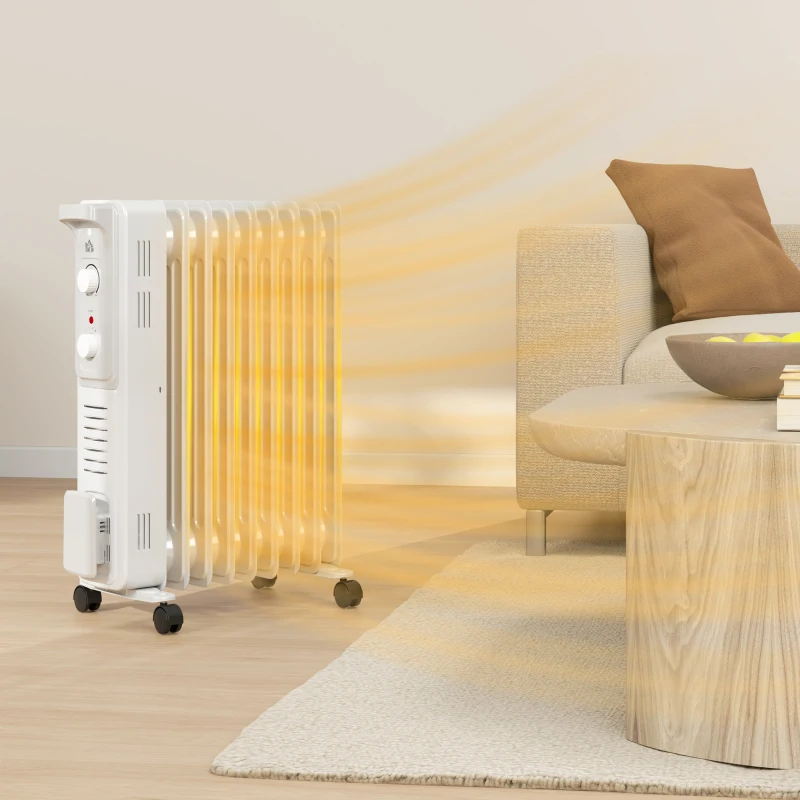 HOMCOM 2000W Quiet Oil Filled Radiator, 9 Fin Energy Efficient Portable Electric Heater with 3 Heat Settings, Adjustable Thermostat, Safety Tip Over, Overheat Protection, for Home, White