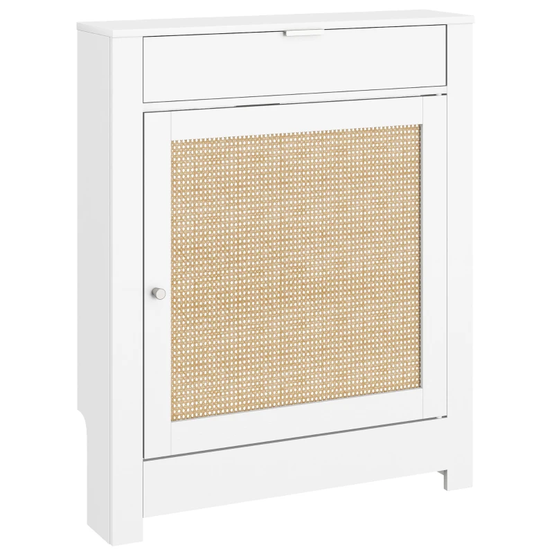 HOMCOM Cache-Radiateur avec Placard Rabattable et Porte en Rotin, Couvercle de Radiateur en Bois avec Compartiment, Blanc