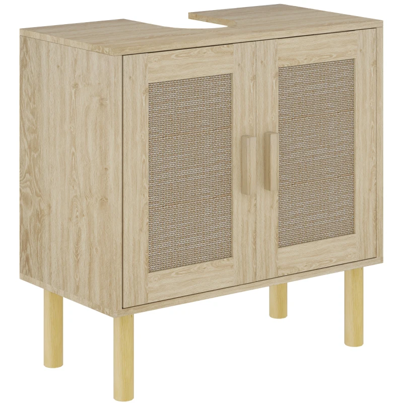 HOMCOM Meuble salle de bain sous lavabo meuble sous lavabo portes en rotin pieds bois de pin 2 niveaux 60 x 30 x 60 cm chêne