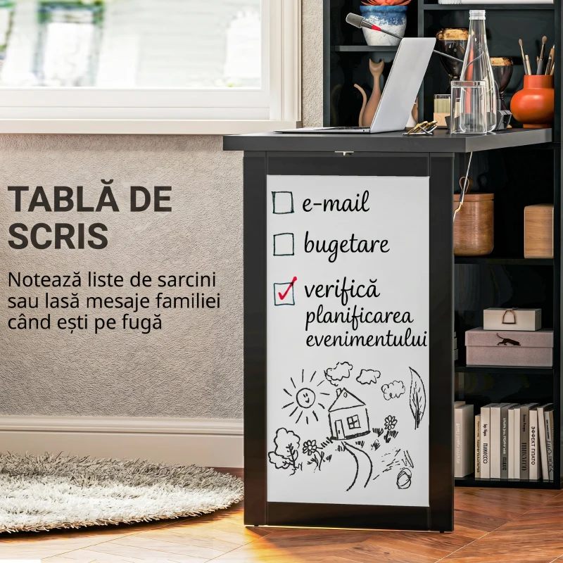 HOMCOM Birou Modern Pliabil cu Bibliotecă și Tablă, din Lemn și Metal, 98x51x153 cm, Negru