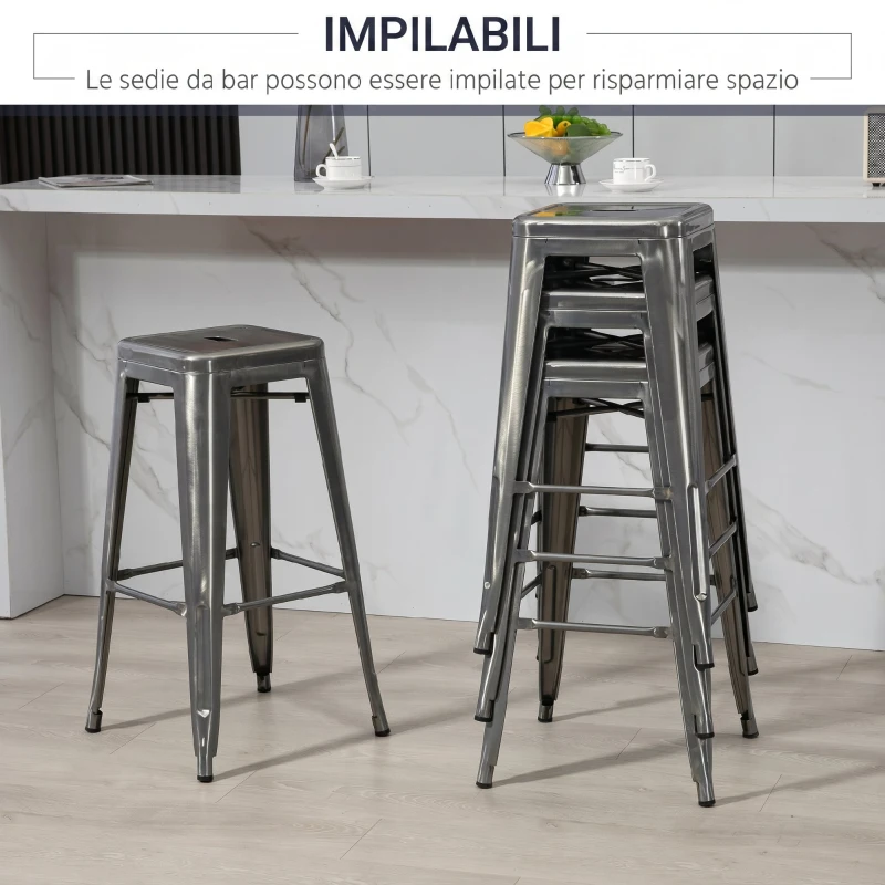 HOMCOM Set 4 Sgabelli Bar Impilabili con Poggiapiedi, Stile Industriale, in Acciaio, per Sala da pranzo, Argento