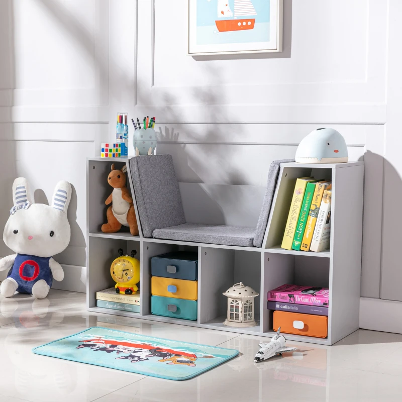 HOMCOM 2-in-1 Kinderregal Regal + Sitzbank inkl. Polster 103 cm × 30 cm × 62 cm Weiß + Grau